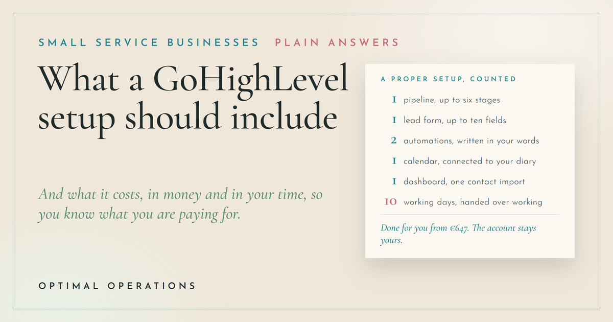 The parts of a proper GoHighLevel setup for a small service business: pipeline, form, two automations, calendar, alerts, dashboard